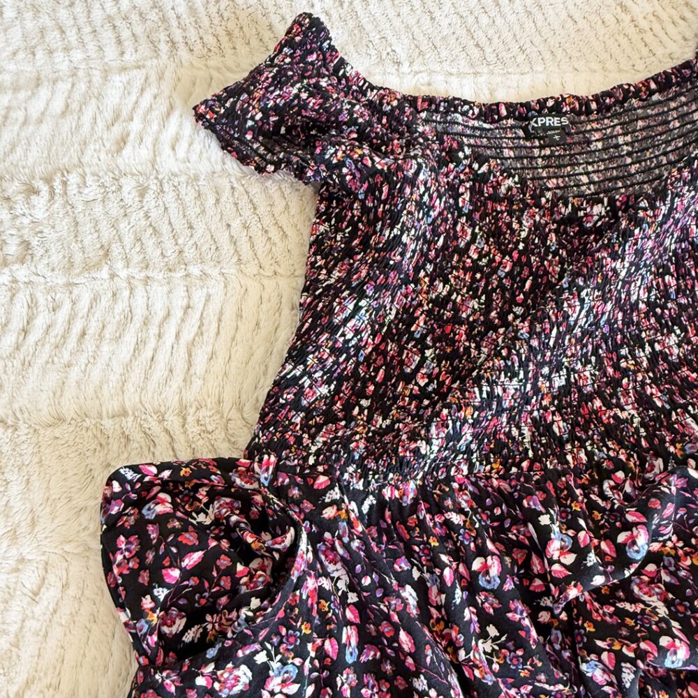 Express Black Floral Smocked Top Mini Dress, Size Large - Picture 8 of 8
